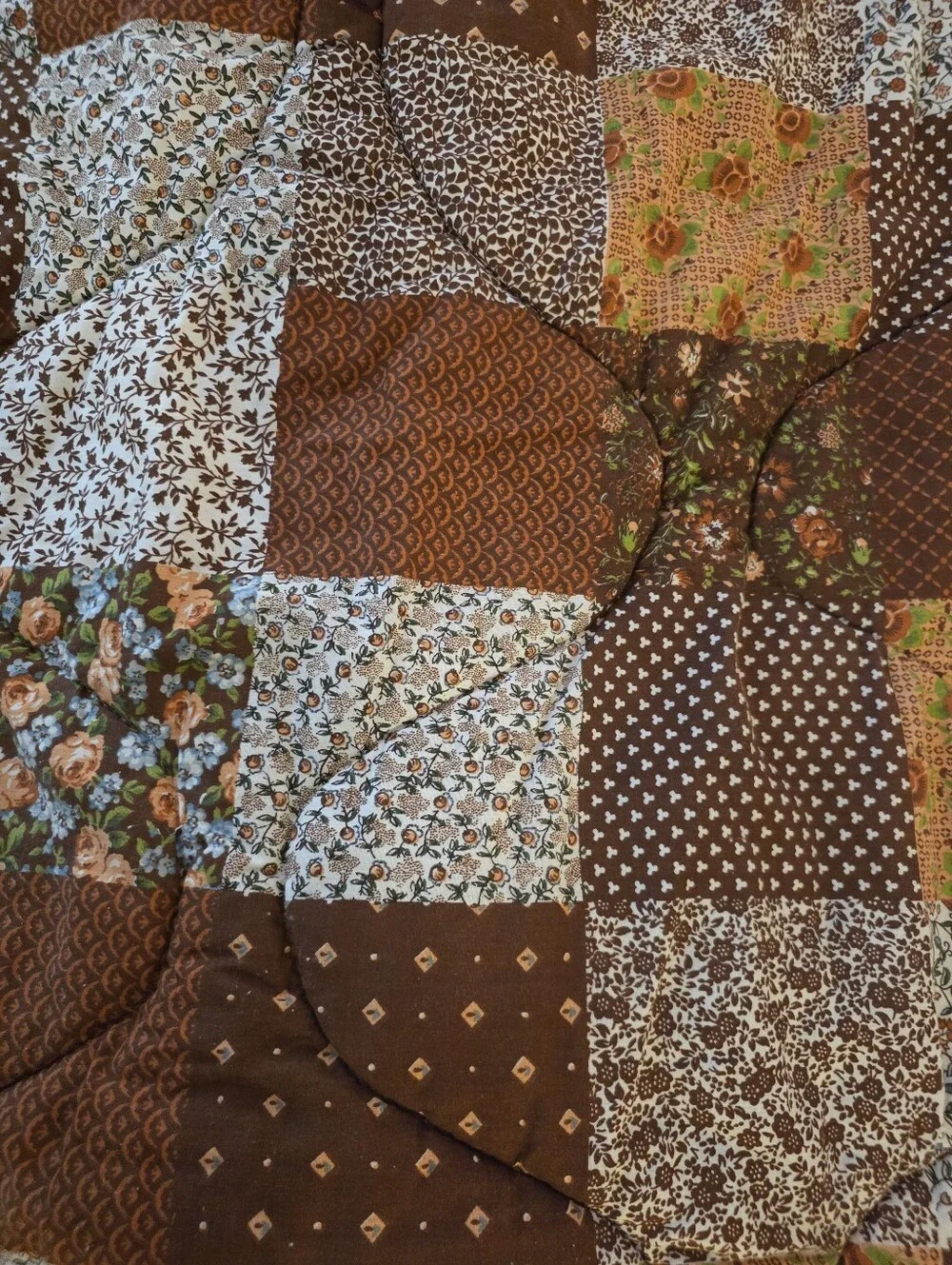 Vintage 1960s 1970s Cotton Brown Quilted Patch Work Floral Sleeping Bag Blanket